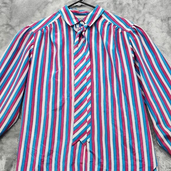 Vintage The Villager Top Womens 16 Pink Blue White Striped Tie Neck Button Front - Picture 2 of 9